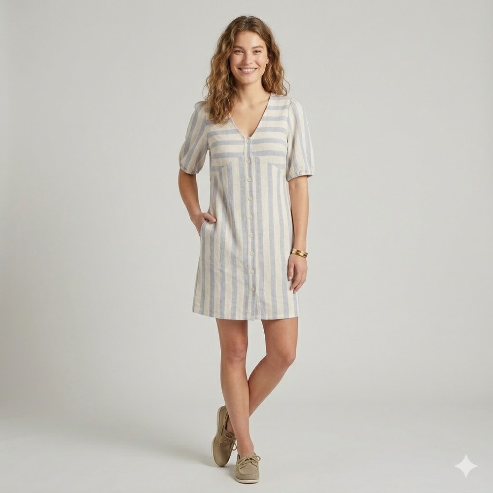 L Love Striped Button Down‎ Mini Dress Womens Size M Blue Cream Cotton Coastal